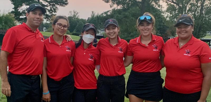 The Delaware State University Lady Hornets golf team continued their path toward improvement with an 11th-place finish at the William & Mary Invitational in Williamsburg, Va., Sept. 12-13. Pictured are (l-r) head coach Rick McCall Jr., Estelle Verny, Jirada Kluaymaingarm, Nattavadee Khunsri, Ana Ferryra-Heit and Amber Pennington. SUBMITTED PHOTOS